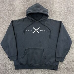 Surf Right Hoodie Mens XL Faded Black Pullover Sweatshirt Surfing Beach Waves